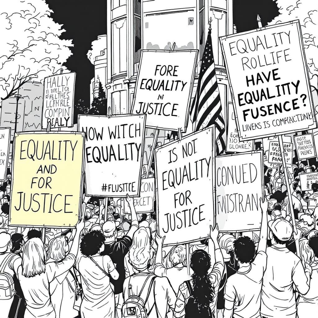 AI generated: list 2 linework illustration of a community rally with people holding 6 big posters advocating for e...
