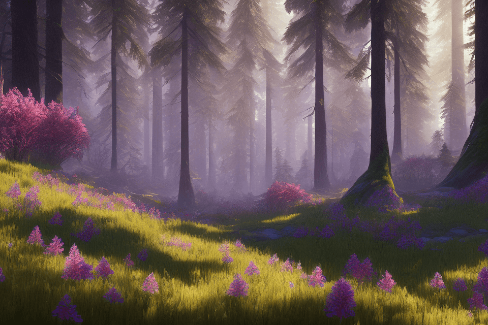 AI generated: pacific northwest, forest, wildflowers, 4k highly detailed digital art, 4 k hd wallpaper very detail...