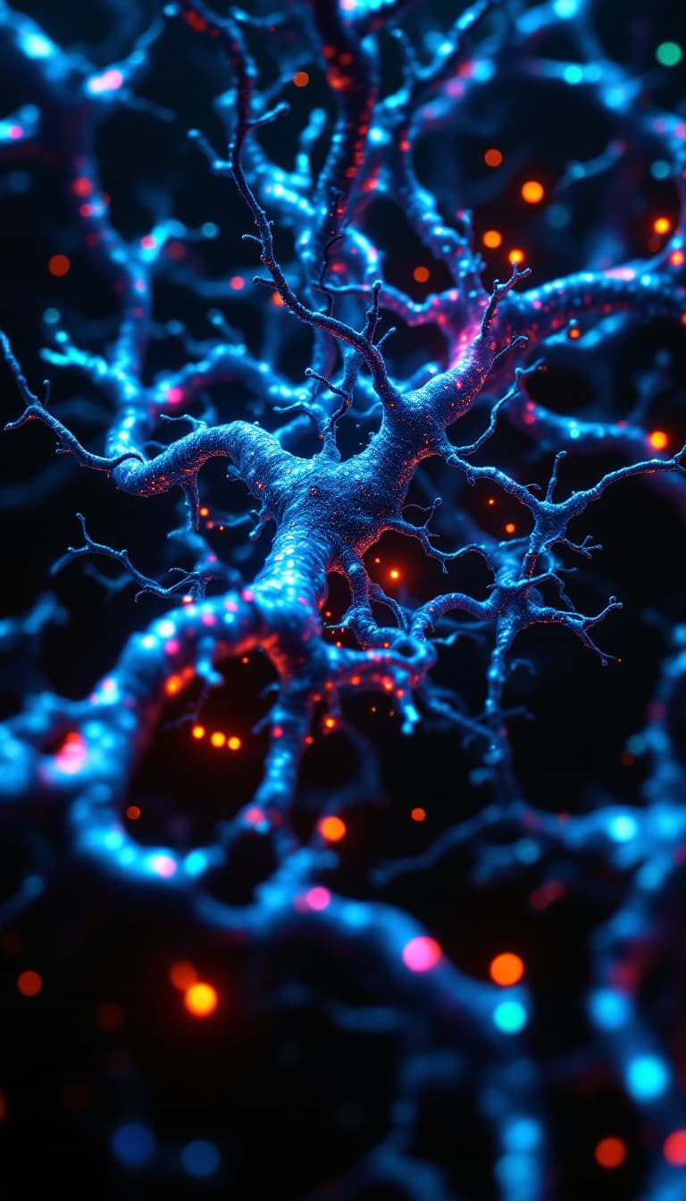 AI generated: Intertwined Neurons, complexity, iridescent fractal patterns, dark negative, reflections, volumetric...