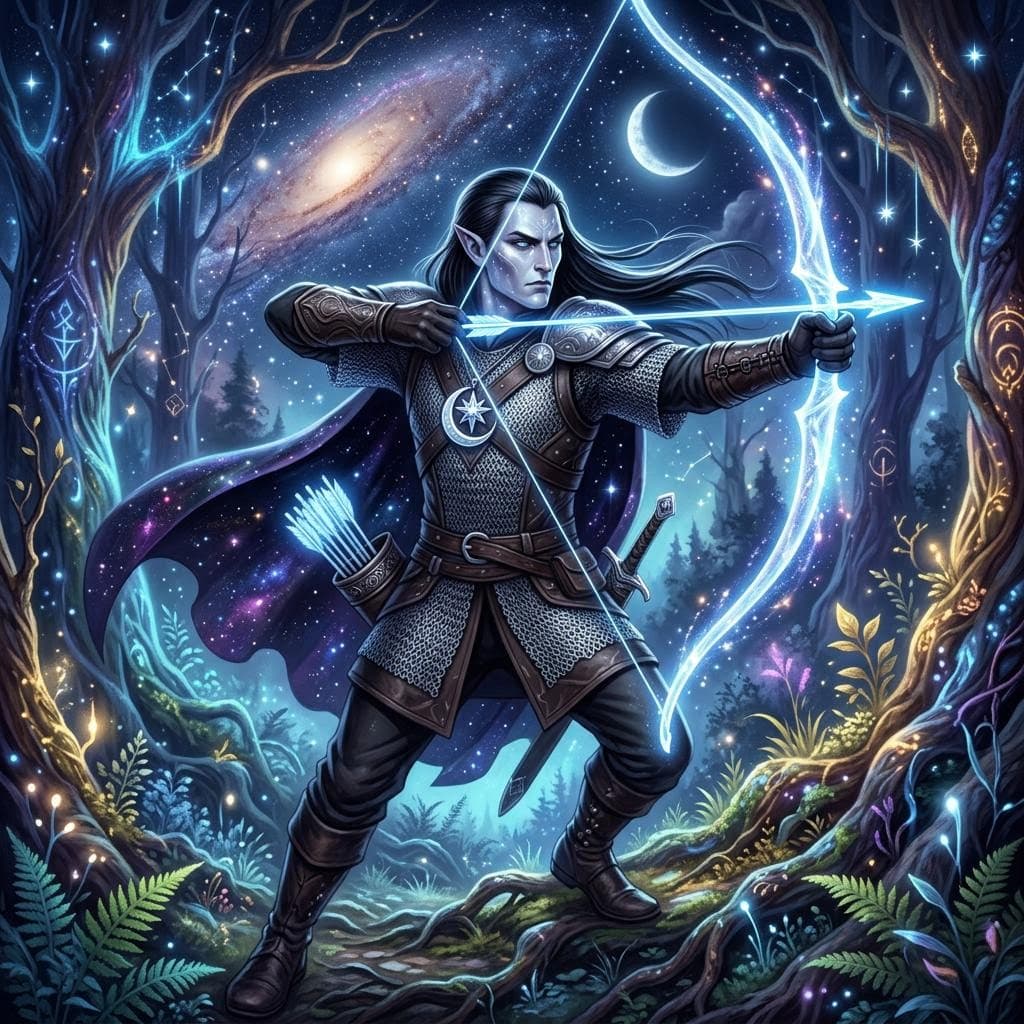 AI generated: an elegant male astral elf, slightly glowing pale skin, long straight black hair, pale blue eyes, ga...