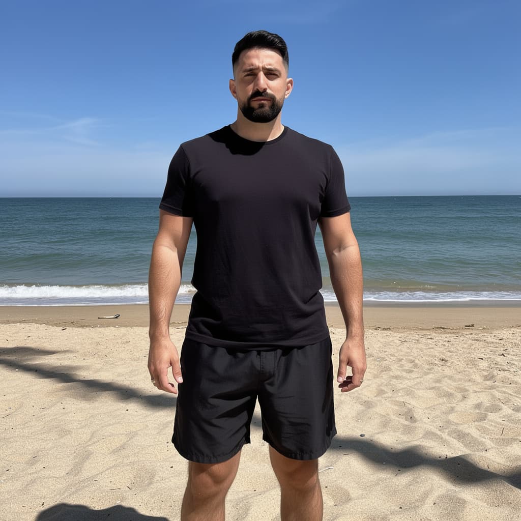 AI generated: A beautifull man at the beach without t-shirt, using a black speedo