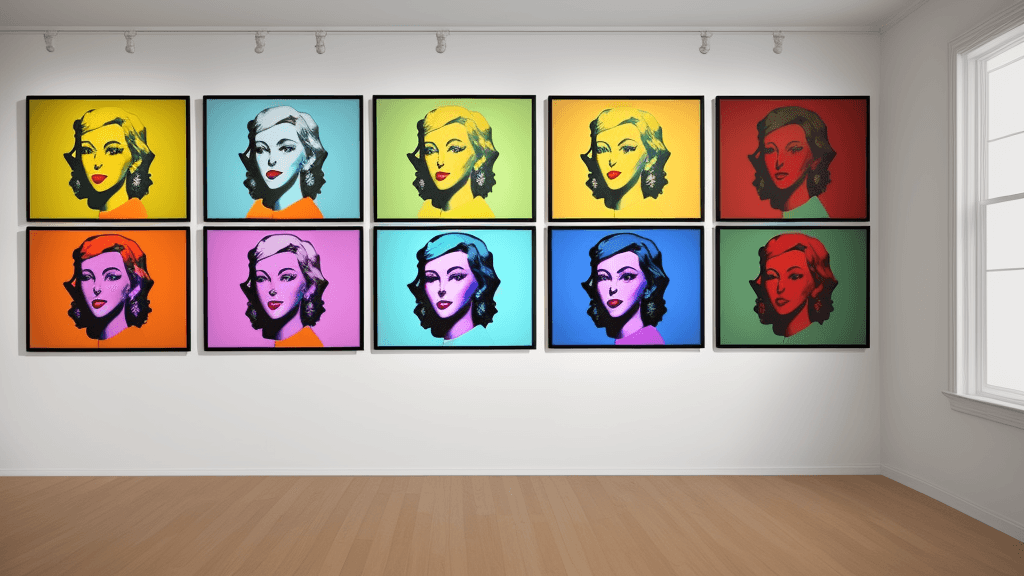 AI generated: A gallery wall with andy warhol paintings