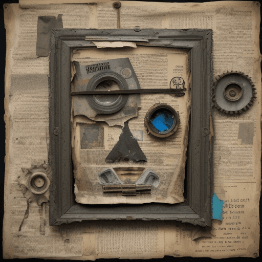 AI generated: Mixed media artwork + old ripped newspaper+old compas + old cassette + In the style of surrealist ex...
