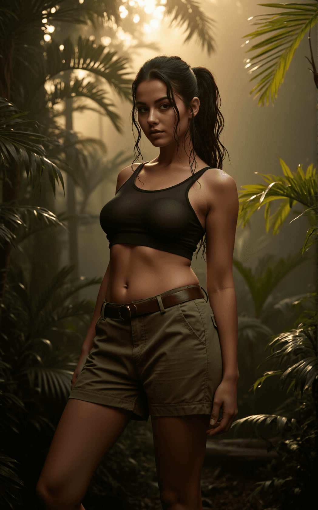 AI generated: A confident jungle little princess stands at the heart of a dense rainforest, her figure plump yet p...
