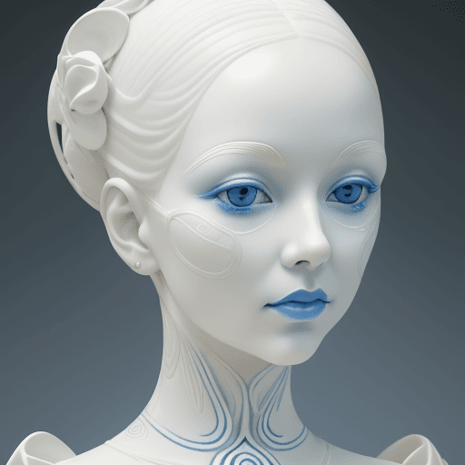 AI generated:  a woman made out of porcelain, in the style of balanced symmetry, white and blue, detailed facial f...