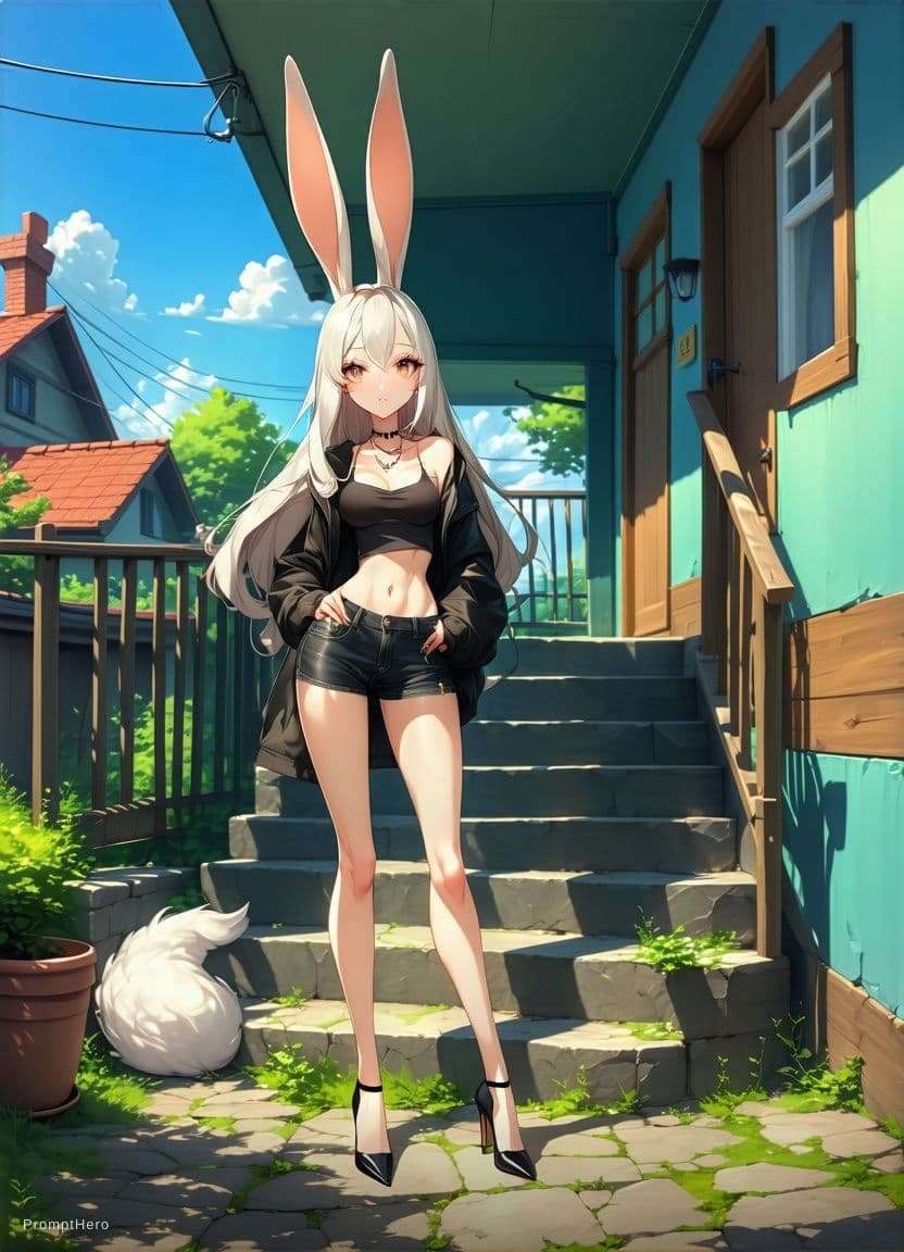 AI generated: sexy furry cartoon bunny girl, 3d anime style, bunny tail, bunny ears, bunny fur, color lingerie, lo...