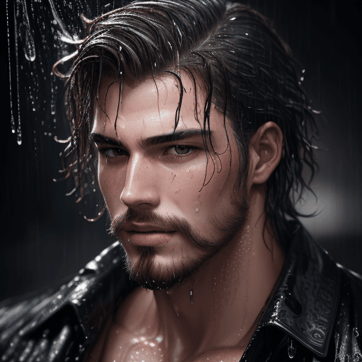 AI generated: a man, wet hair, splashes of raining water with facial hair, intricate details, male model portrait ...