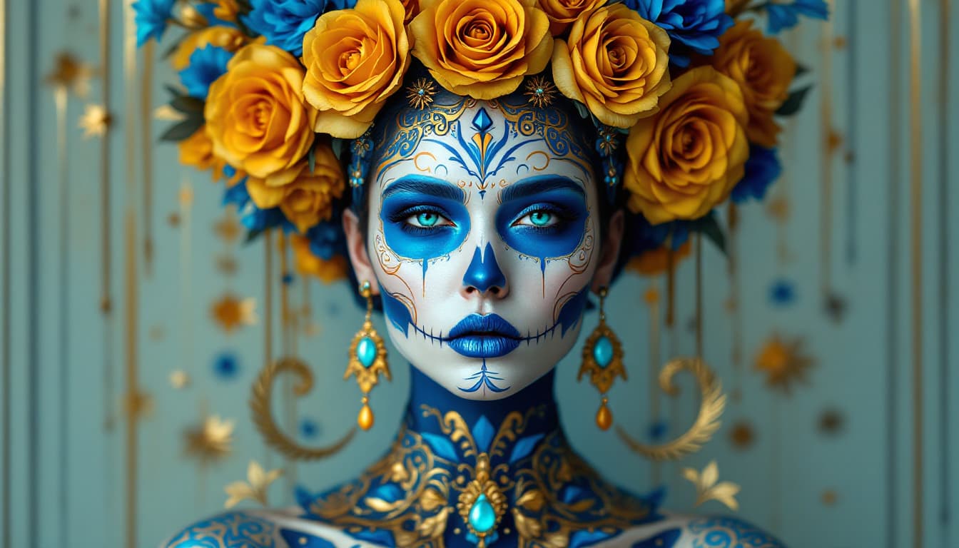 AI generated: A surreal and highly detailed portrait of a woman wearing Día de los Muertos makeup, featuring intri...