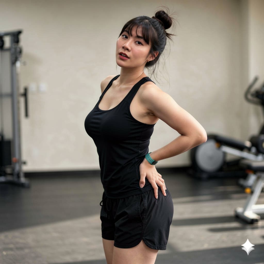 AI generated: Depic me in sexy black sport bra with black g string in a gym with a very sexy and sensual pose