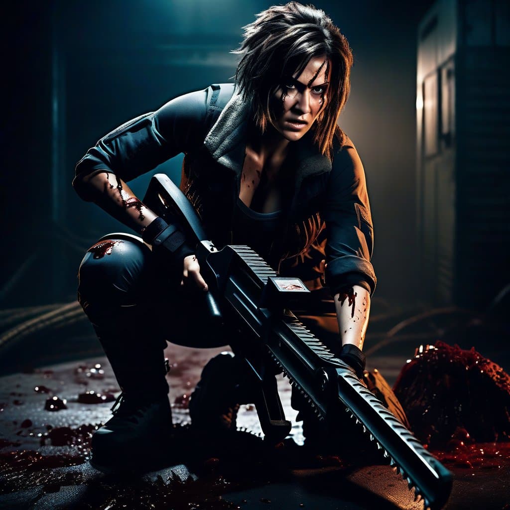 AI generated: a portrait of a resident evil style soldier character, in an action kneeling pose, rugged, aggressiv...