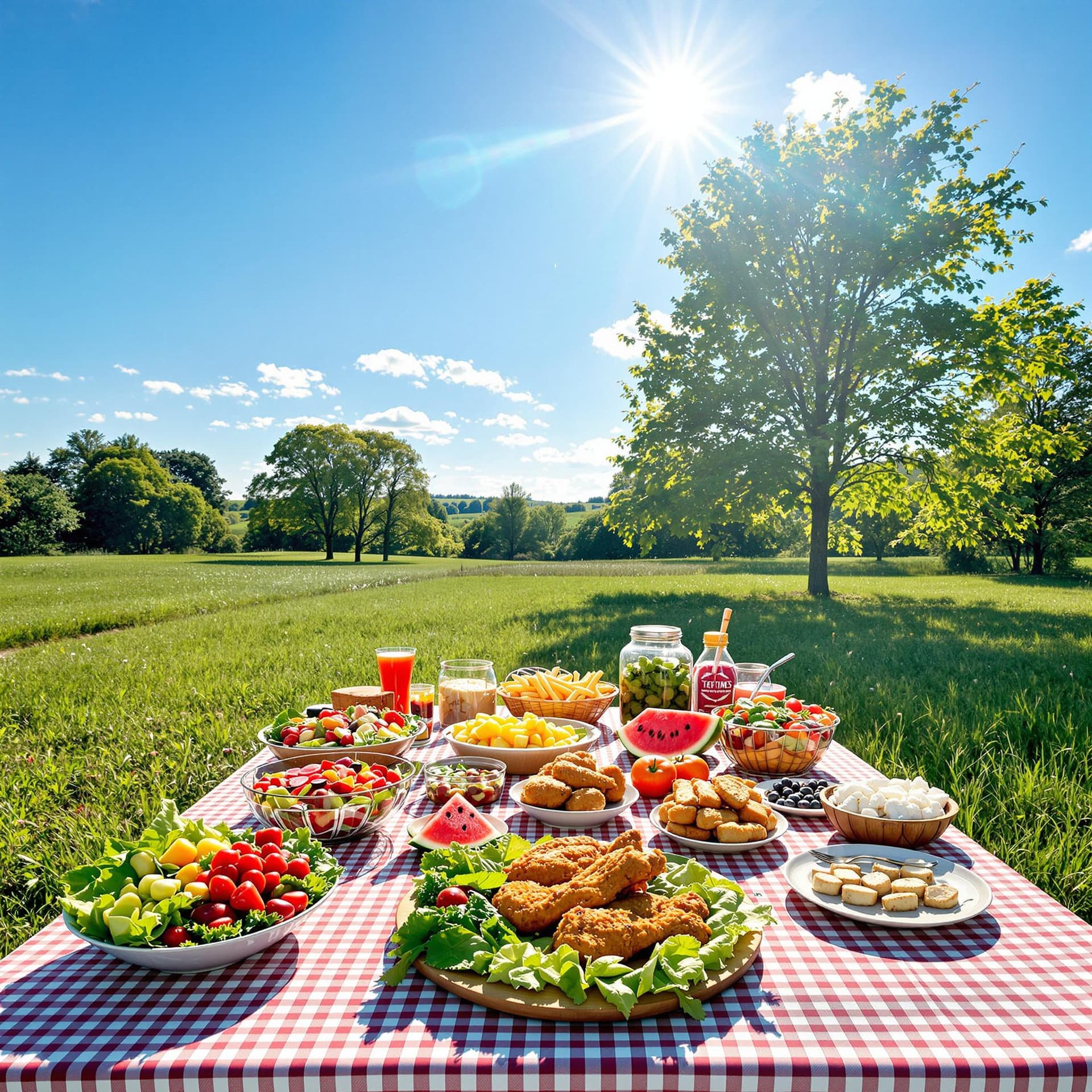 AI generated: A picnic table with a gingham tablecloth is filled with food. There are salads, fruits, fried chicke...