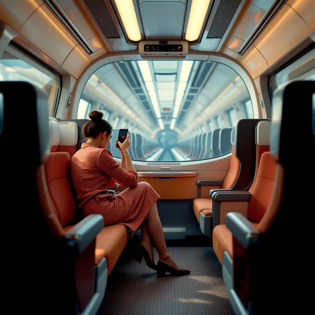 AI generated: a beautiful Wes Anderson style image of a bullet train interior with rotating seats, pertty female.