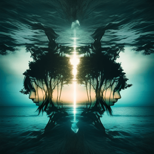 AI generated: theme split and merge  between forest and ocean photography, double exposure