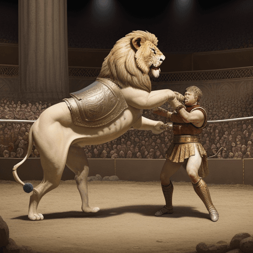 AI generated: a roman gladiator fighting a lion in a roman circus 