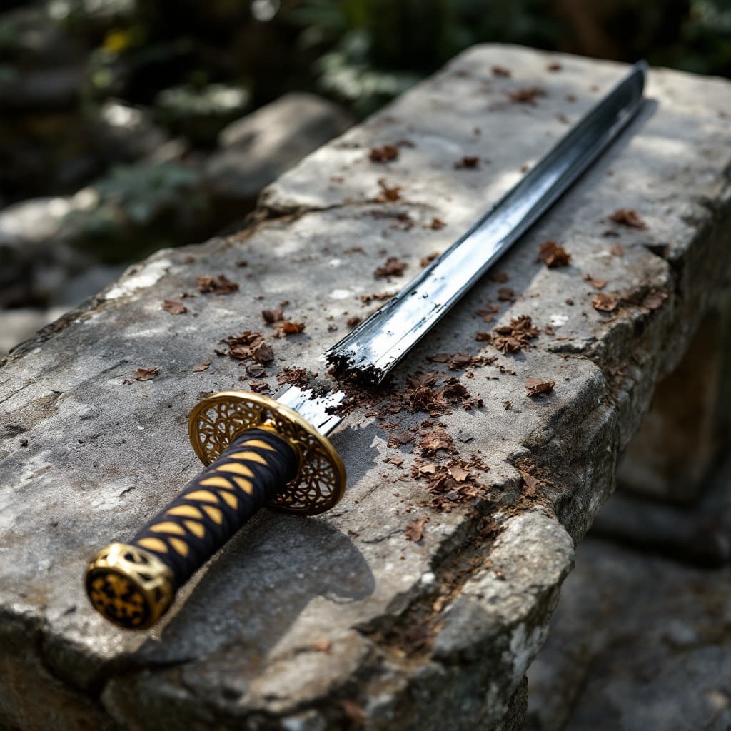 AI generated: A broken katana lying on a stone Buddhist bench, realistic katana broken Midway down the blade layin...