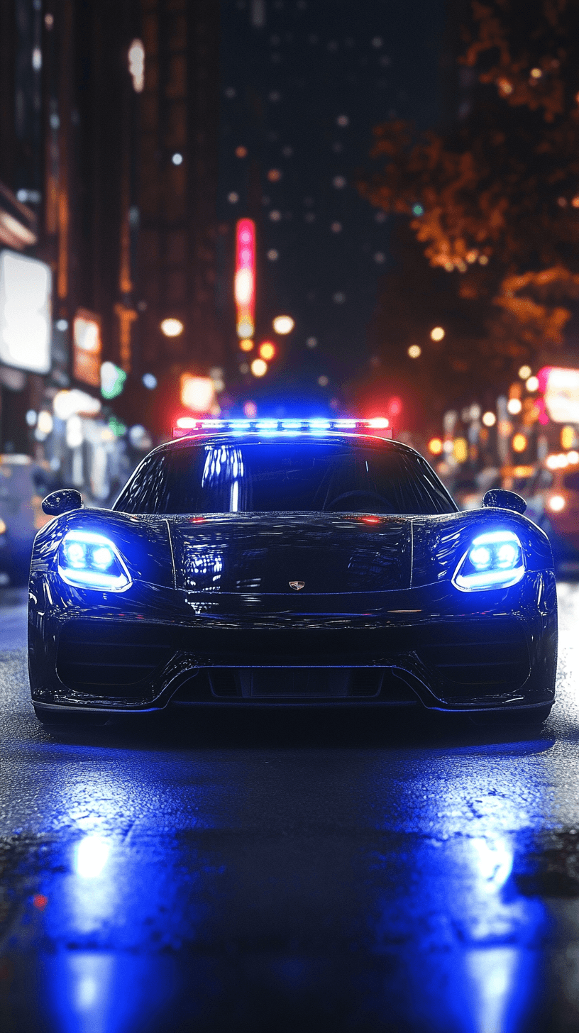 AI generated: Striking, photorealistic police [Porsche] car with flashing lights patrolling city streets, represen...