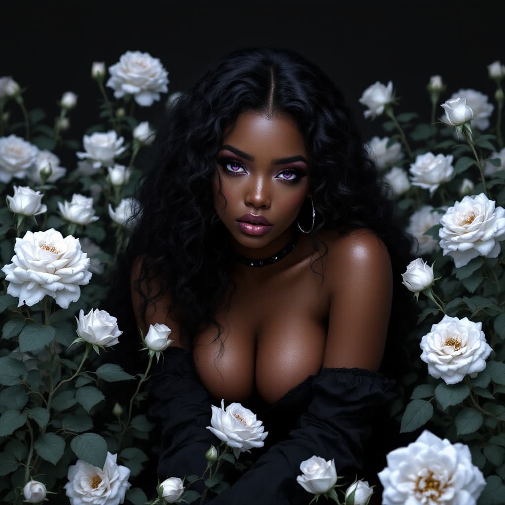 AI generated: gothic anime style,a Girl is cold and arrogant,dark mocha skin, white makeup,purple eyes, long black...
