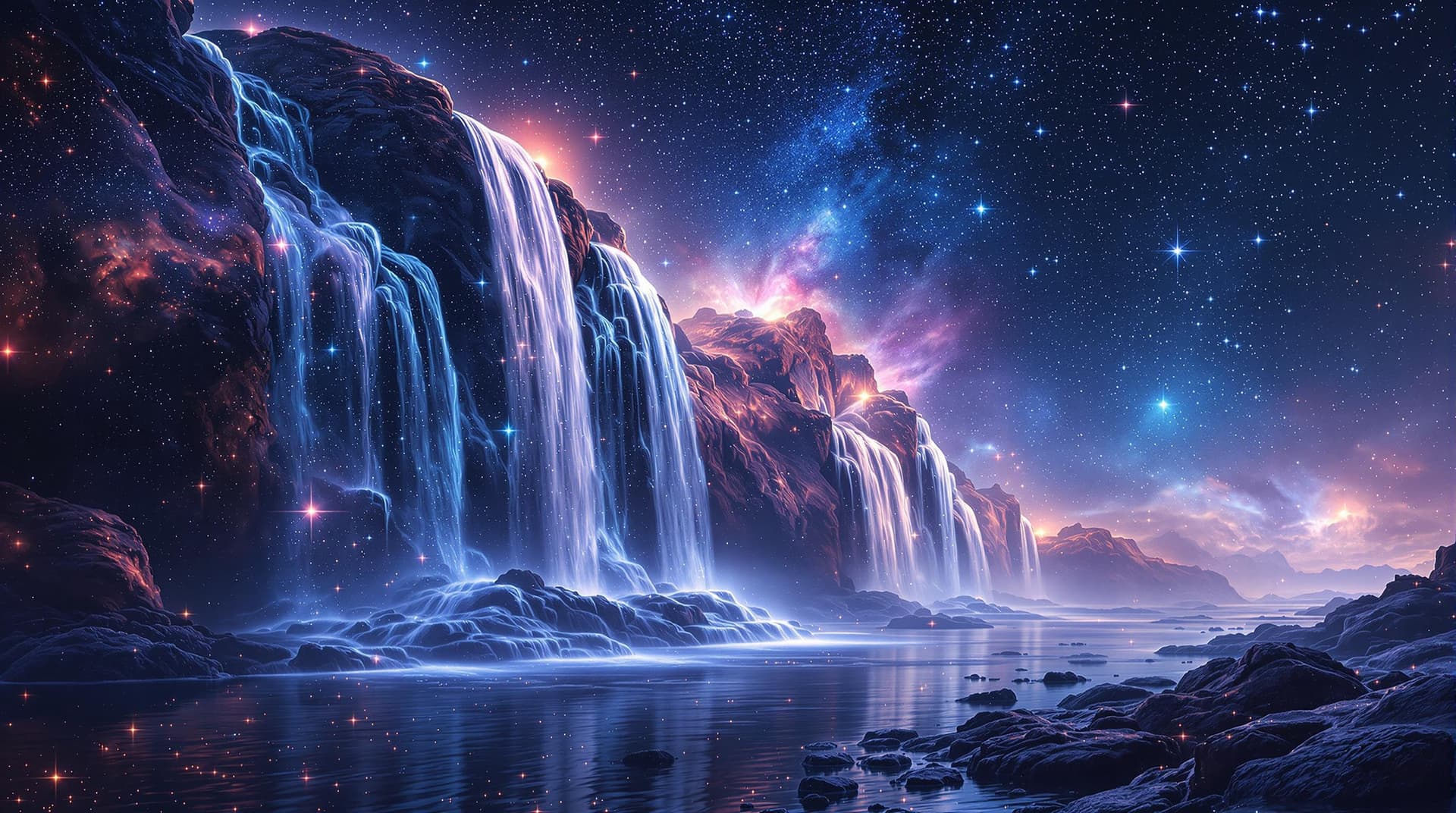 AI generated:    a waterfall landscape   in a close up view, made with nebulas the gaz,stars ,stars cluster and du...