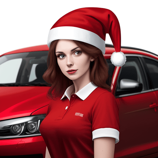 AI generated: woman with a Christmas hat and red polo shirt, on a white background and with a red car behind