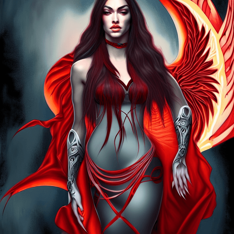 AI generated: full body portrait of megan fox as demon, red skin, batwings, hell, intricate, headshot, highly deta...