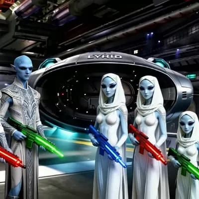 AI generated video: Inside a vast, dimly lit futuristic alien landing bay, a small group of blue-skinned alien figures s...