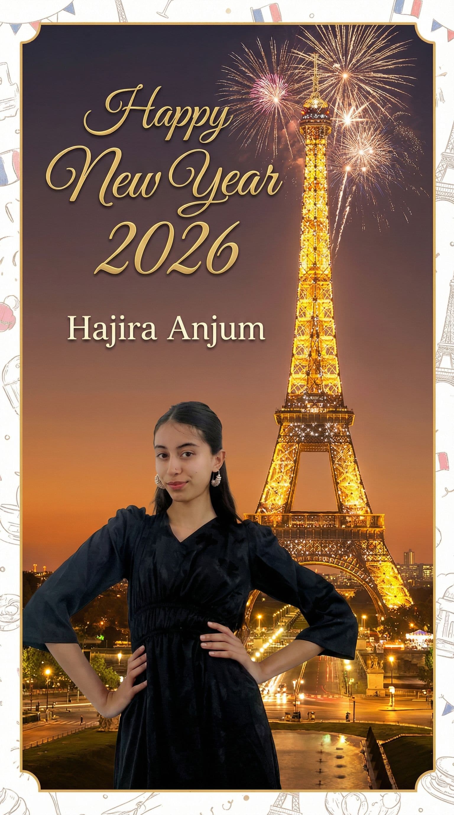 AI generated: A new year 2026 greeting card with my photo Name as Hajira Anjum at Paris Eiffel tower 