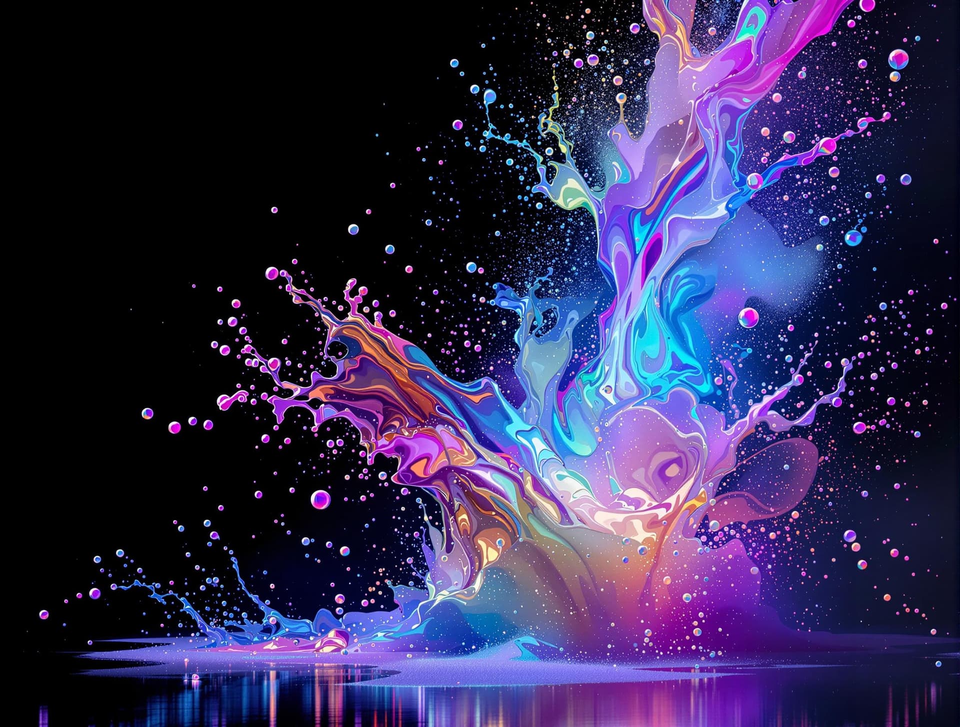 AI generated: glowing holographic milky fluid explosion, drip, splashes, powder, smoke, black background, hq abstr...
