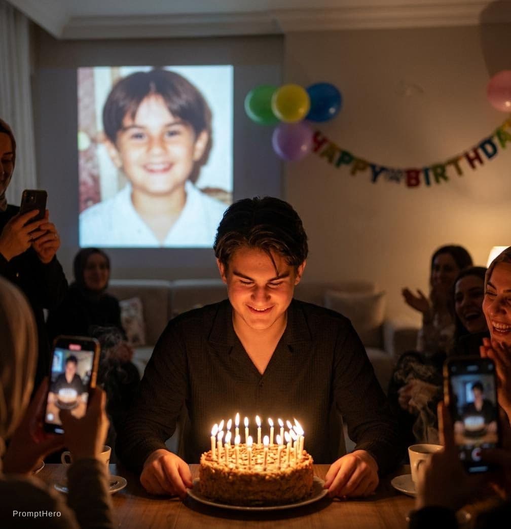 AI generated: A cinematic, emotional birthday scene combining past and present of the same man. Use the provided i...