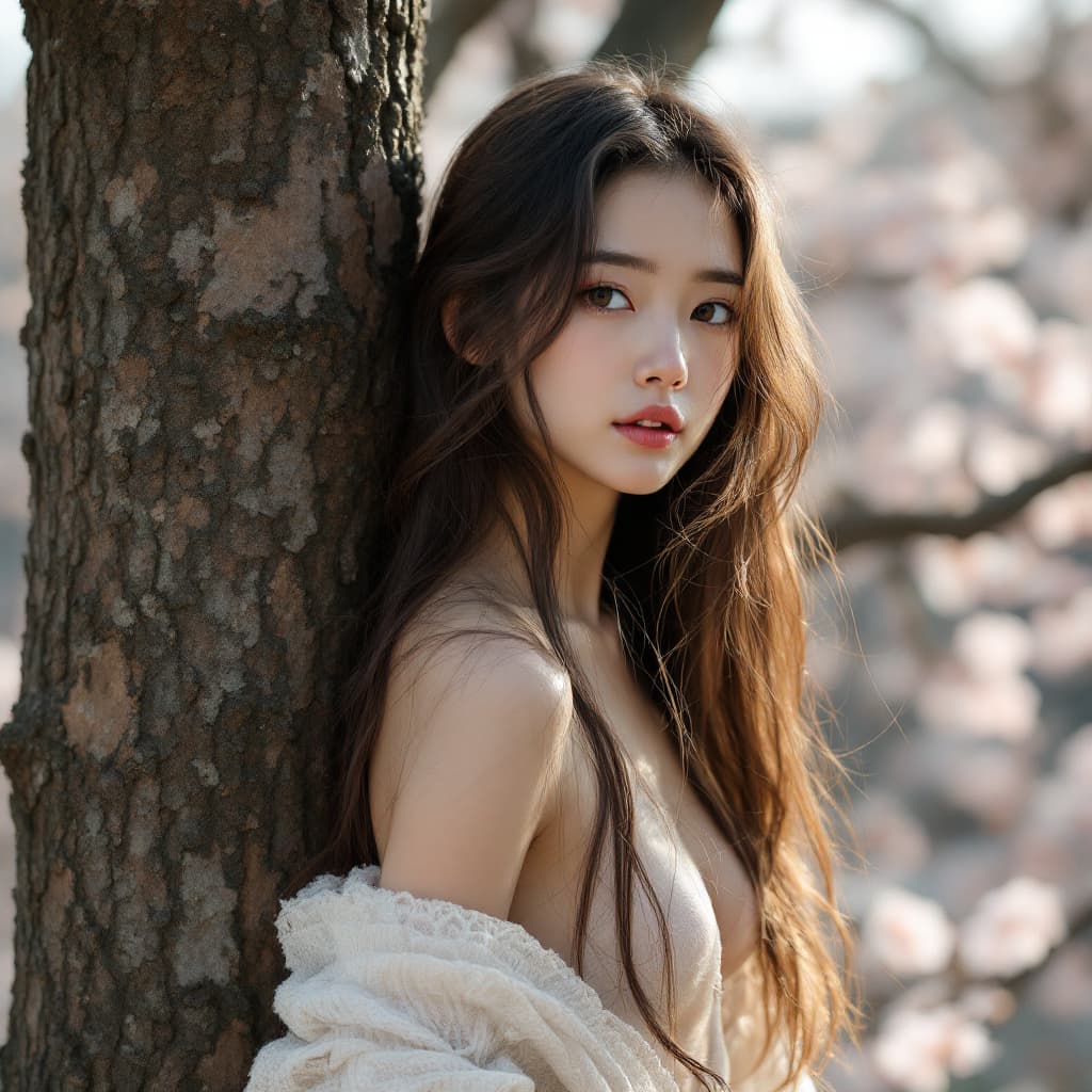 AI generated: Photo of a ultra realistic japan girl, young, long hair, very pretty, nude, stand on the tree