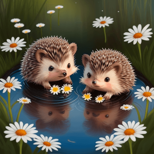 AI generated: two brown cute tiny Hedgehog smiling, with two eyes, white daisies, splash flowers, on the lake, wit...