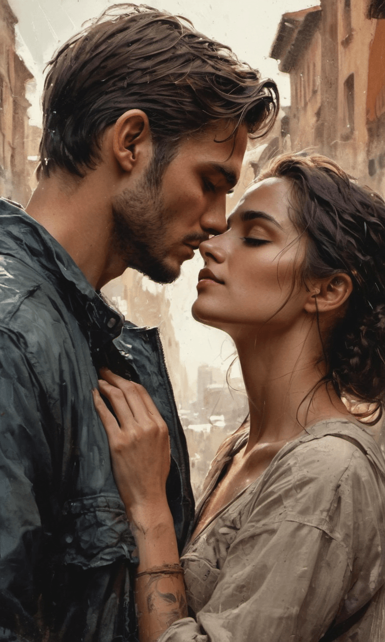 AI generated: We were so young, fully in love, rainy, nostalgic, brush strokes, muted colors, on textured canvas, ...