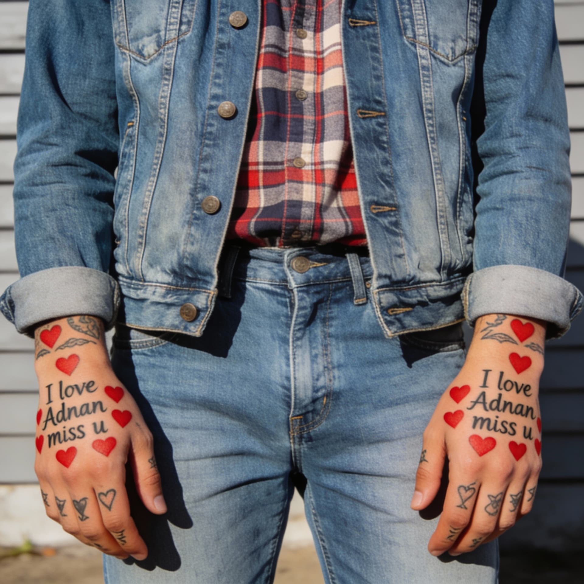 AI generated: Dress change to western and tattoo legs and hands write in I love Adnan miss u and red hearts full i...