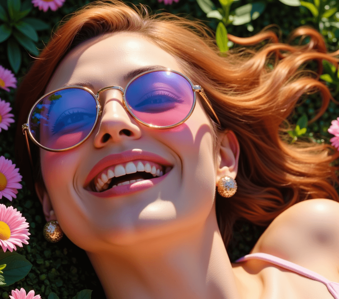 AI generated: A woman with auburn hair is the central figure laying on the ground. She's wearing sunglasses with m...