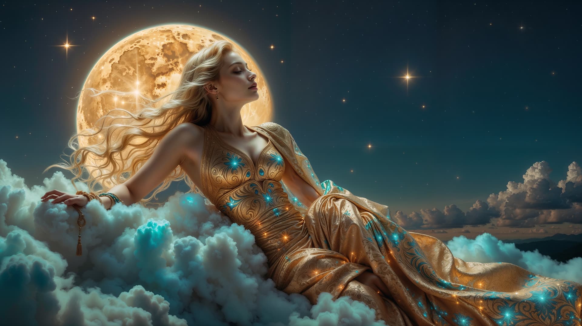 AI generated: A luminous ethereal mythical woman, her flowing golden locks cascading down her shoulders, gracefull...