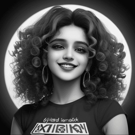 AI generated: woman smiling in black and white with curly hair, in the style of y2k aesthetic, indian pop culture,...