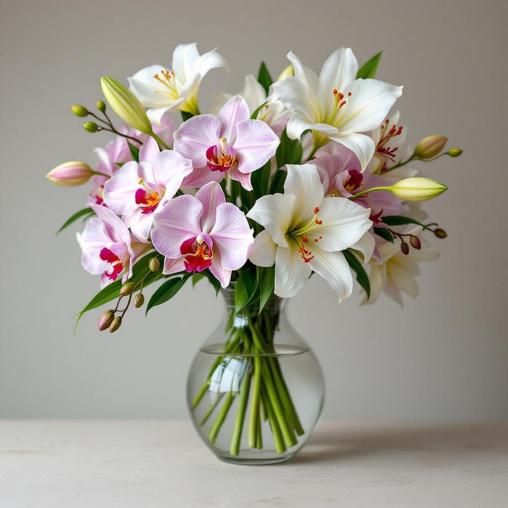 AI generated: crystal vase full of orchids and lillies