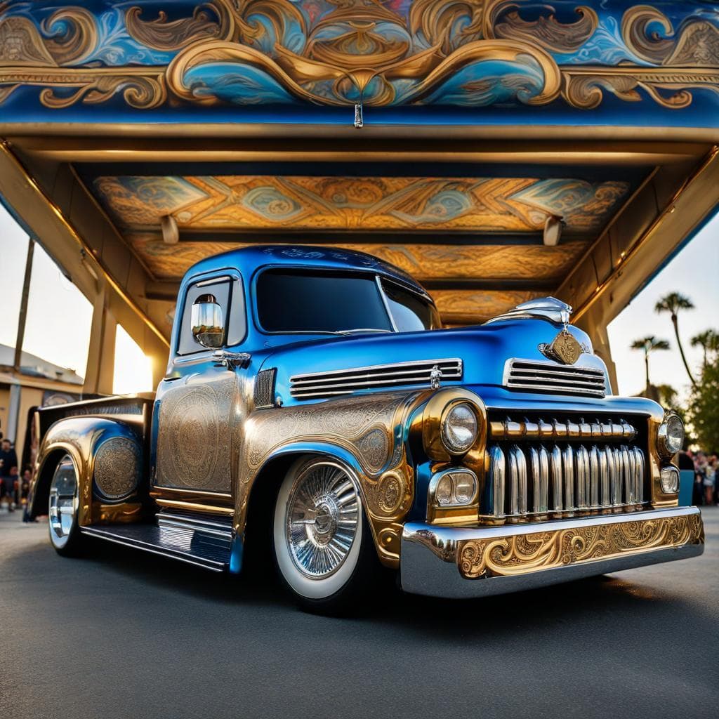 AI generated: full wide view of a lowrider truck adorned with intricate engraved patterns and covered with many mu...