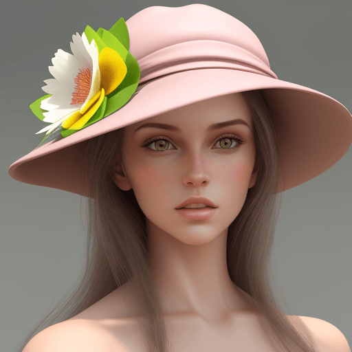 AI generated: Hyper realistic, super female model with a hat made with spring colored flowers 