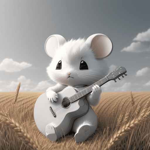 AI generated: coloring book in gray and white colors cute fluffy white mouse in a wheat field, playing guitar, ani...