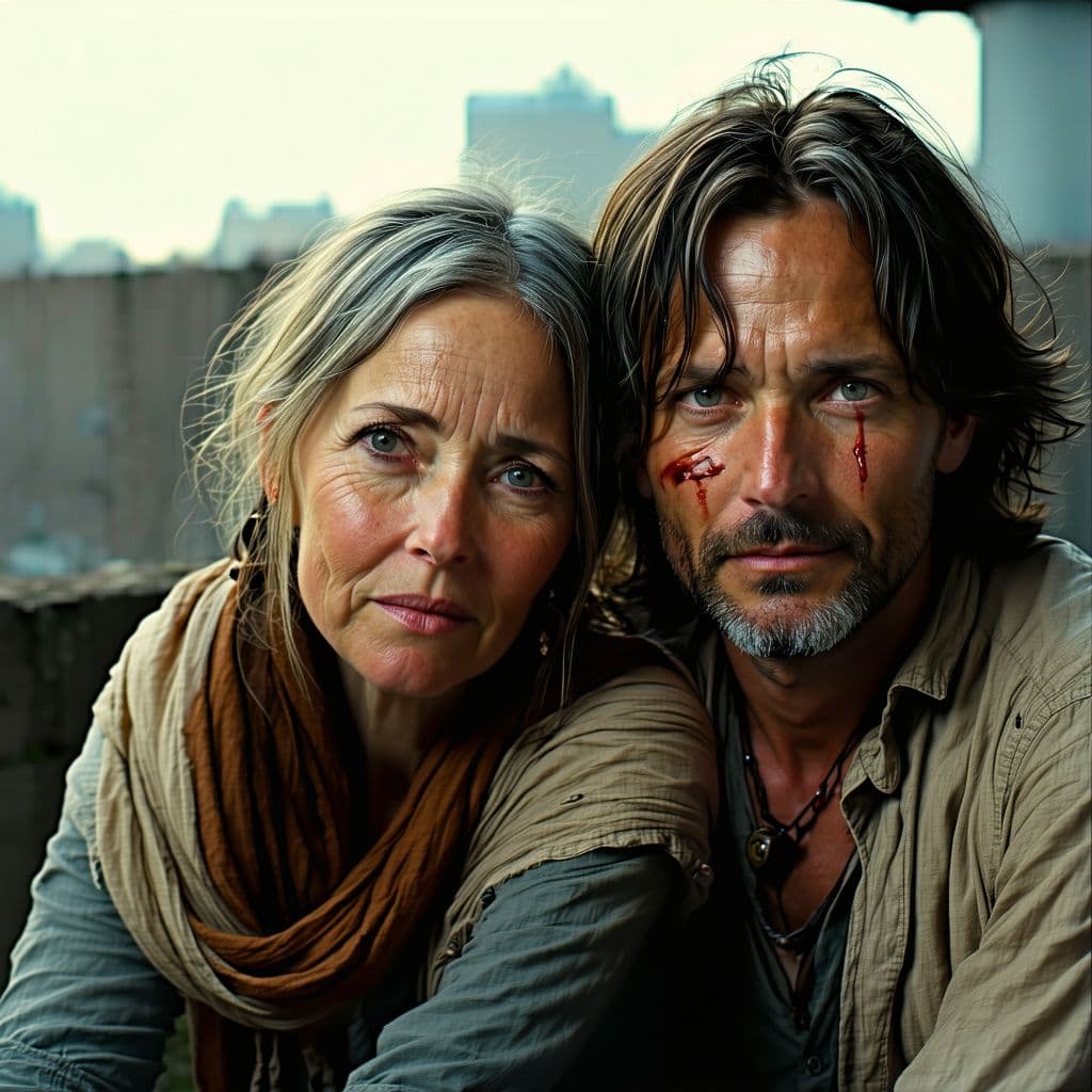 AI generated: A hyper-realistic close-up portrait of two close friends in their late 30s to 50s, sitting shoulder ...