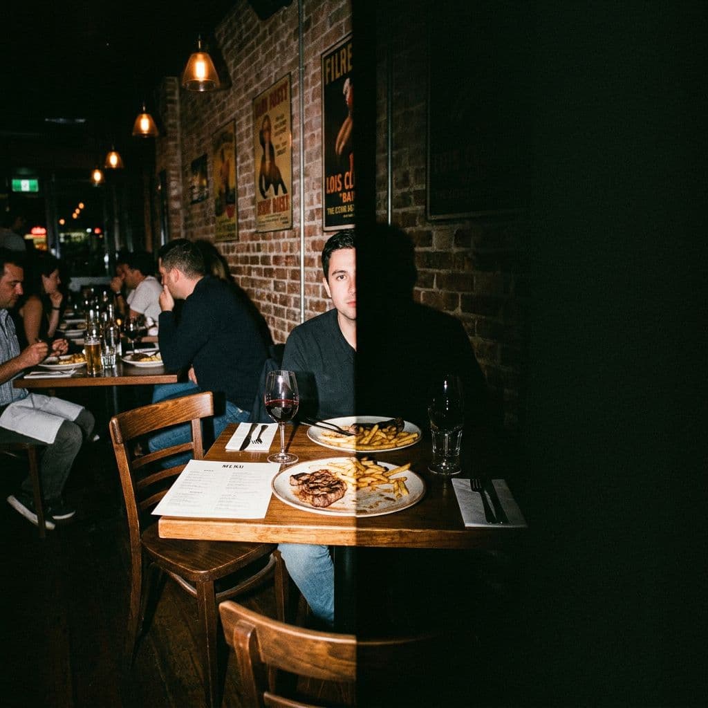 AI generated: restaurant interior with tables and chairs, photographed with harsh direct flash, urban nightlife re...