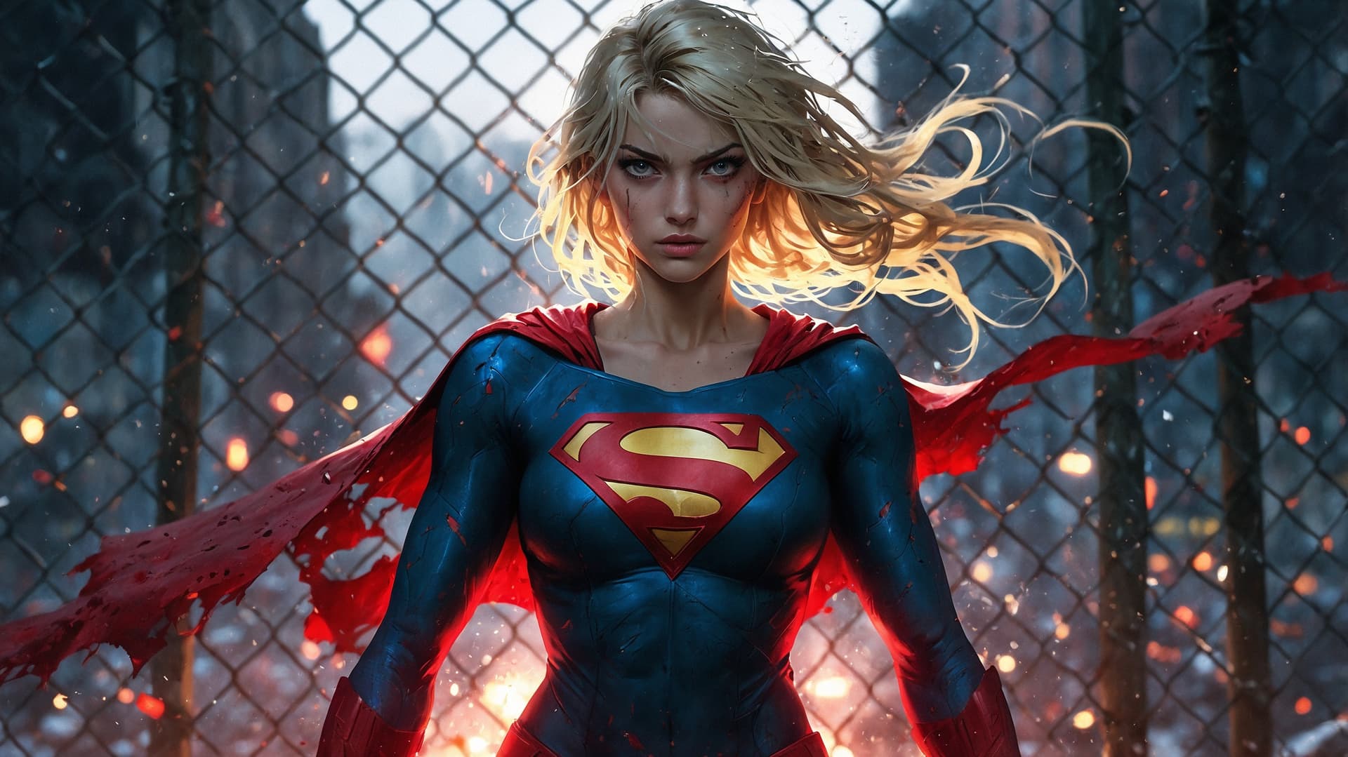 AI generated: Image is a stylized, high-contrast photograph featuring a woman dressed in a tattered superhero cost...