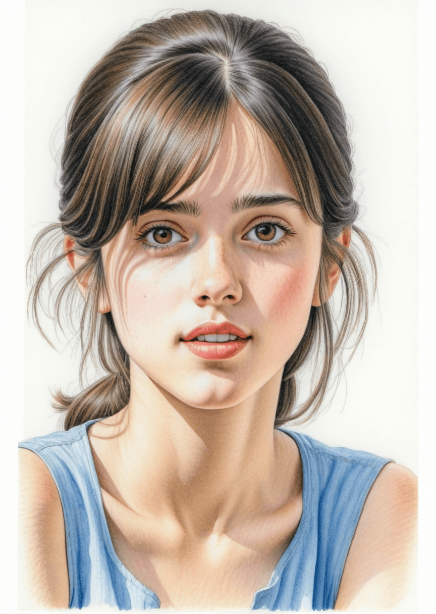 AI generated: A colored-pencil art of a young beautiful girl.  Highly detailed. Asymmetrical cut hair style. Soft ...