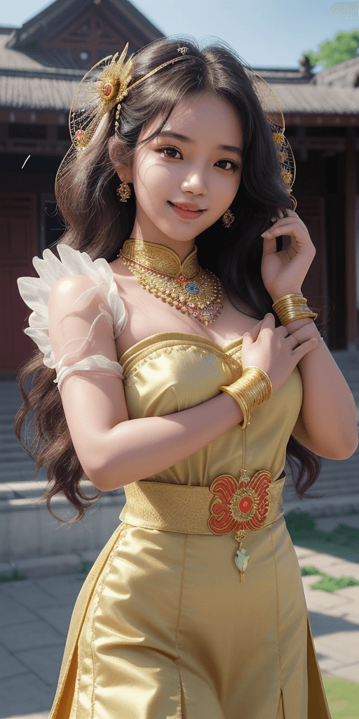 AI generated: a happy beautiful indonesian girl with banjarnese etnic costume, wavy hair, anime, beautiful face, p...