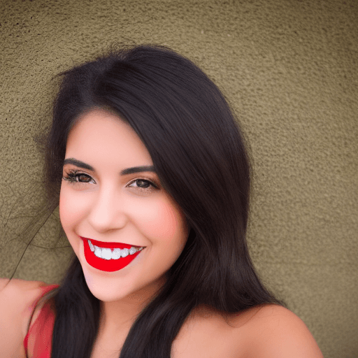 AI generated: Beautiful 25 year old young woman  Mexican, with flowing black hair, red lips, black eyes, holding  ...