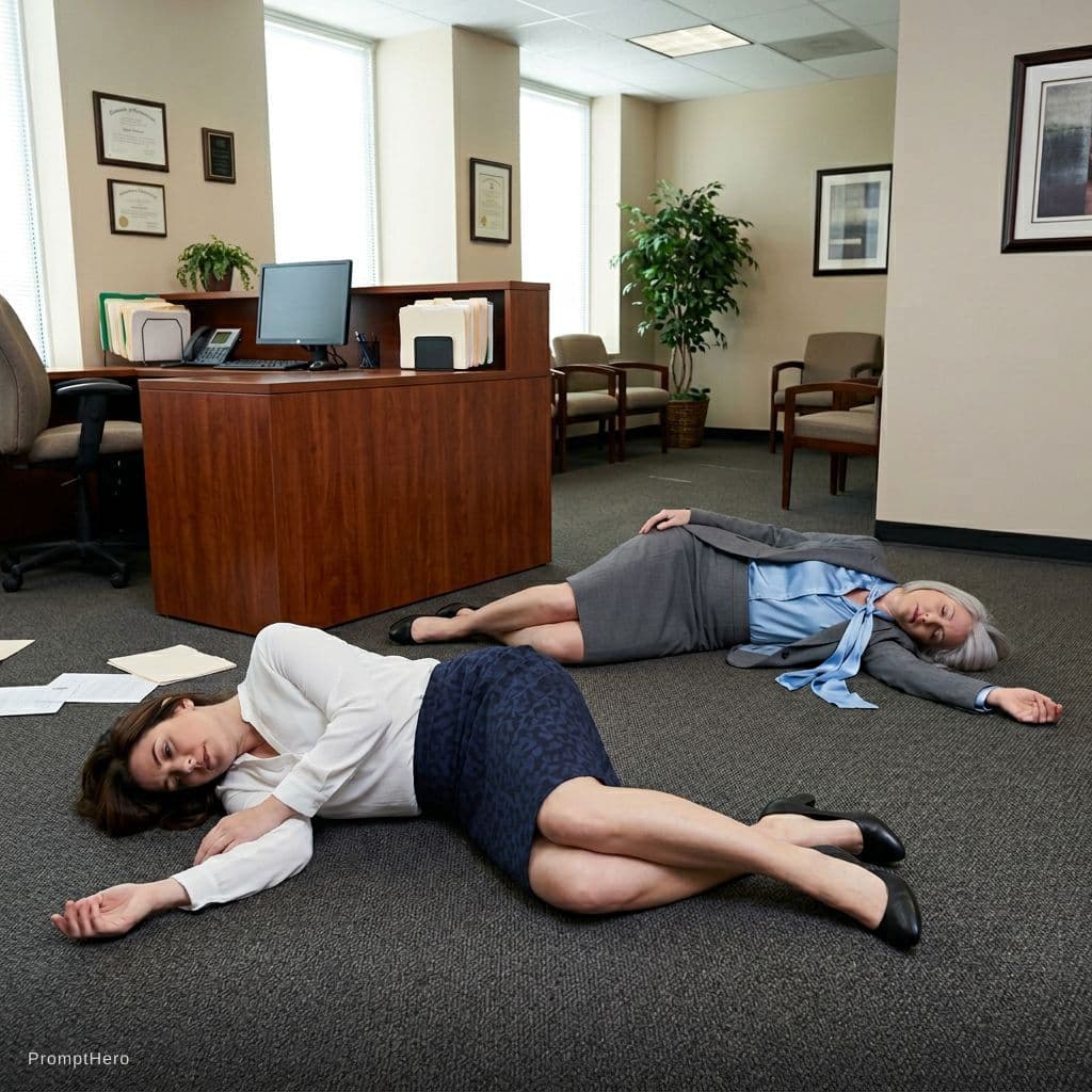 AI generated: A brunette hair attorney faints on her side unconscious on her office floor of the reception area. S...