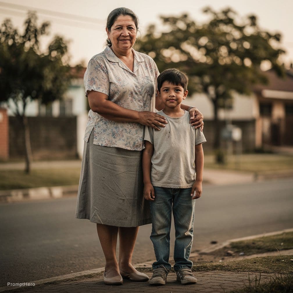 AI generated: show me realistic pic of mother and son with old clothes but not torn like a middle class

