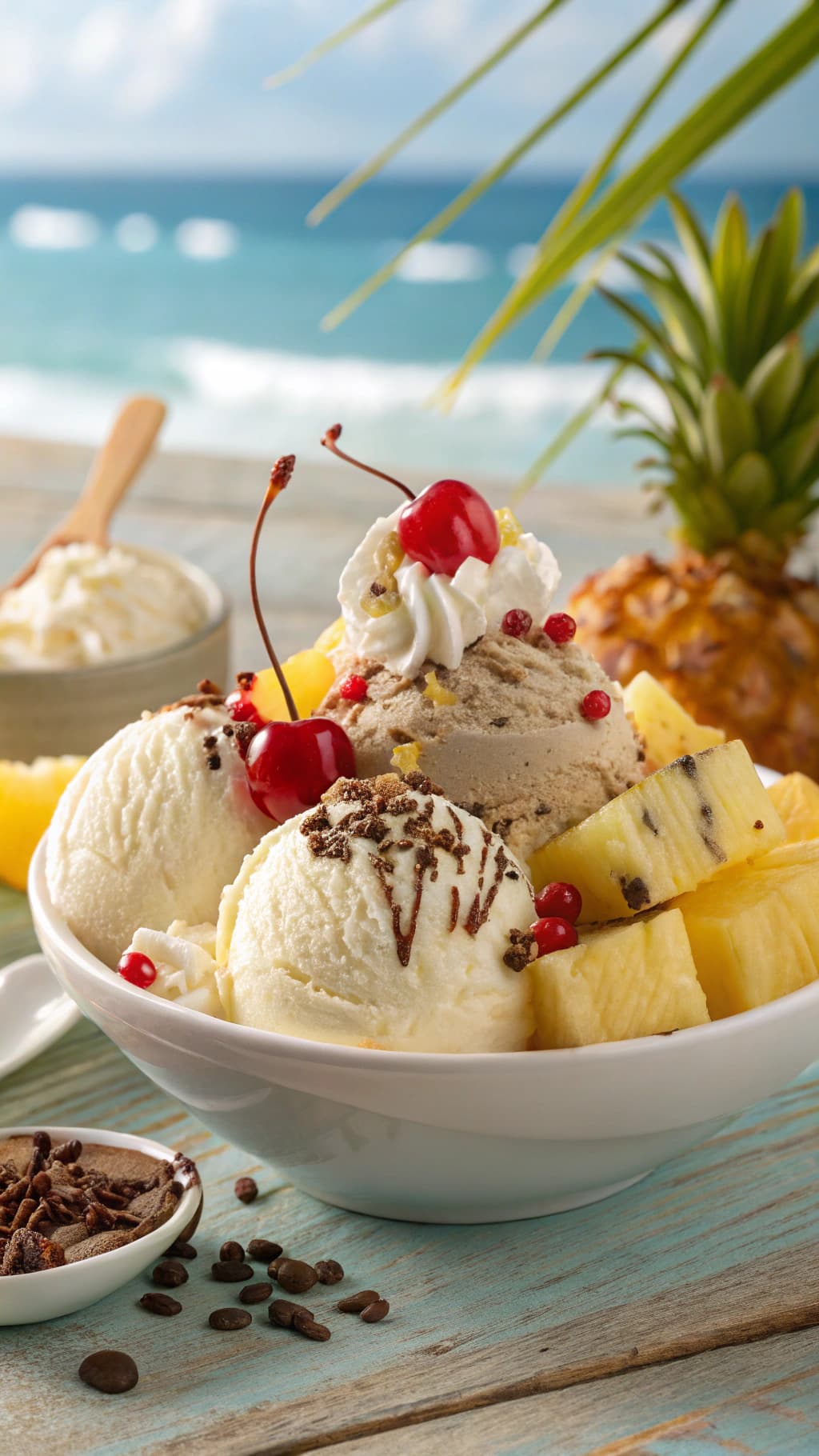 AI generated: bowl of delicious icecream, topped with cream, pineapple, cherries, sprinkeld with chocolate, hi glo...