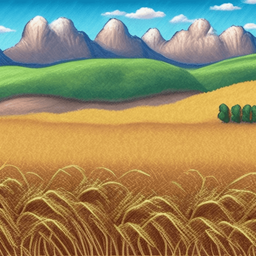 AI generated: cartoon a sown wheat field with mountains in the background 