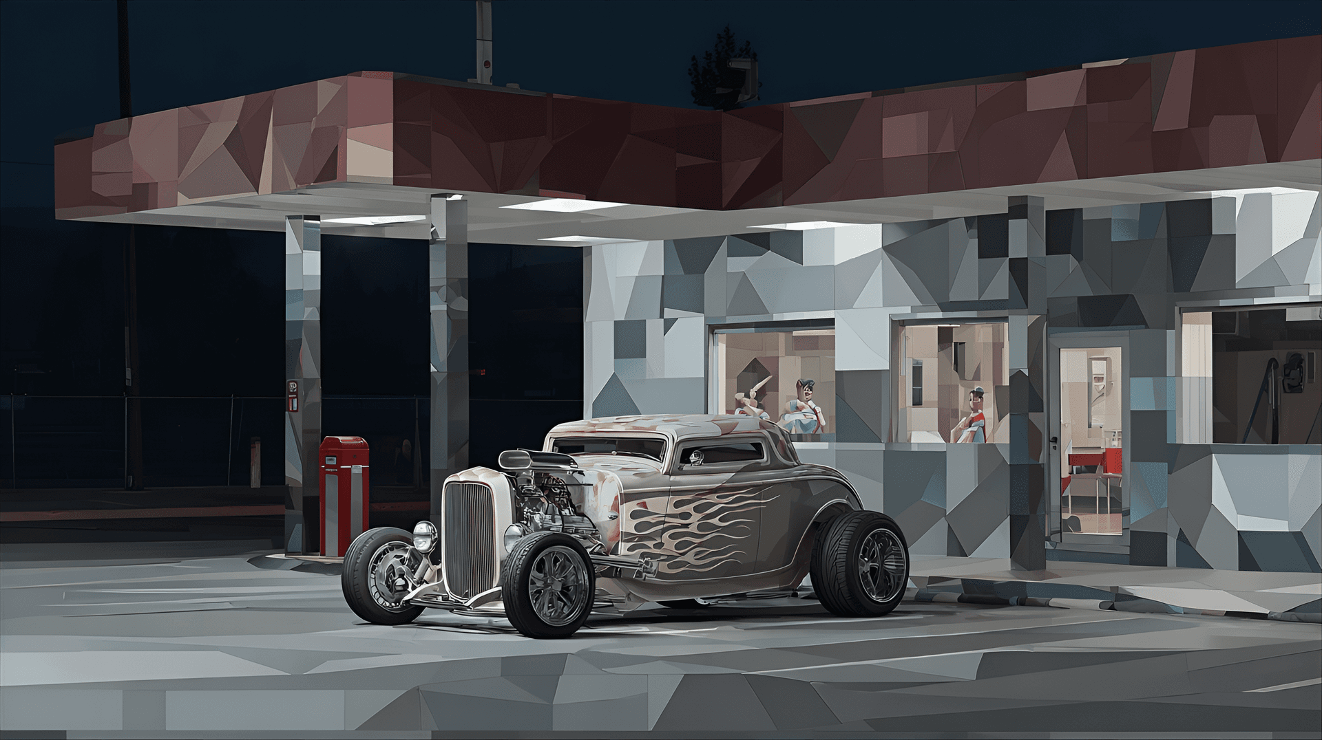 AI generated: hot rod with chopped roof, flames painted on sides, massive rear tires, visible supercharger, the ca...